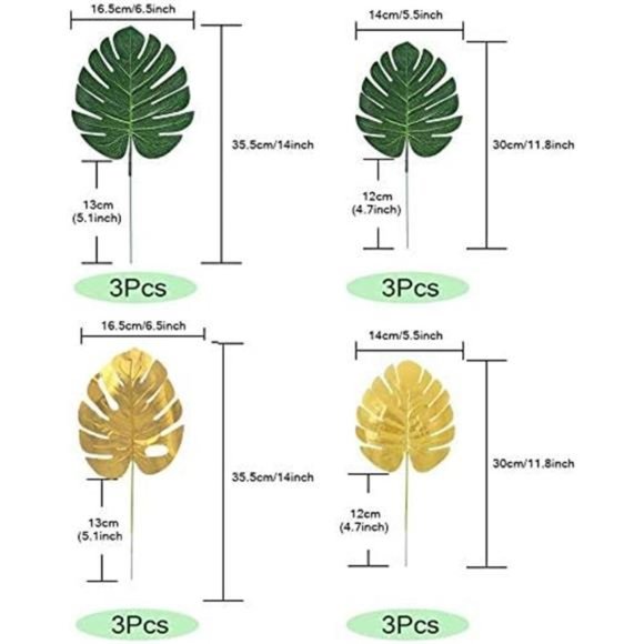 72 Pieces 10 Kinds Artificial Palm Leaves Golden Tropical Leaves w/ Stems Jungle - Picture 3 of 7